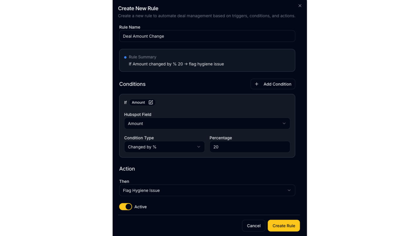 Configuration interface showing how to setup a hygiene rule. Features include: free text box to name the rule;   dropdown box to select HubSpot property; dropdown box to select condition type; "Add Condition" to create AND/OR conditions; dropdown to select action type; automatic generated "Rule Summary" describing in plain English what the rule will do